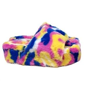 Y2k Tie Dyed Chunky Faux Fur Punky Platform Slippers Size 6